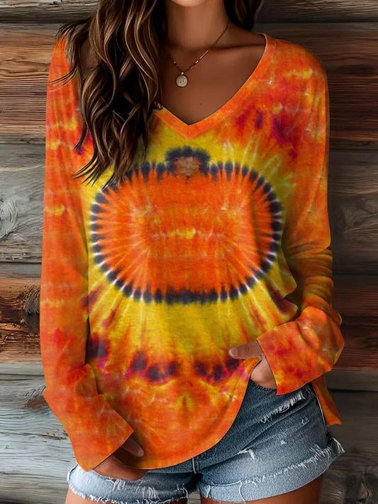 Women's Fall Tie-Dye Pumpkin Print Casual V-Neck Long Sleeve T-Shirt