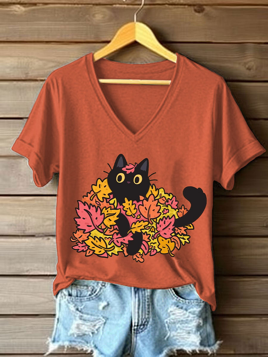 Women's Autumn Leaves Black Cat Short Sleeve T-Shirt