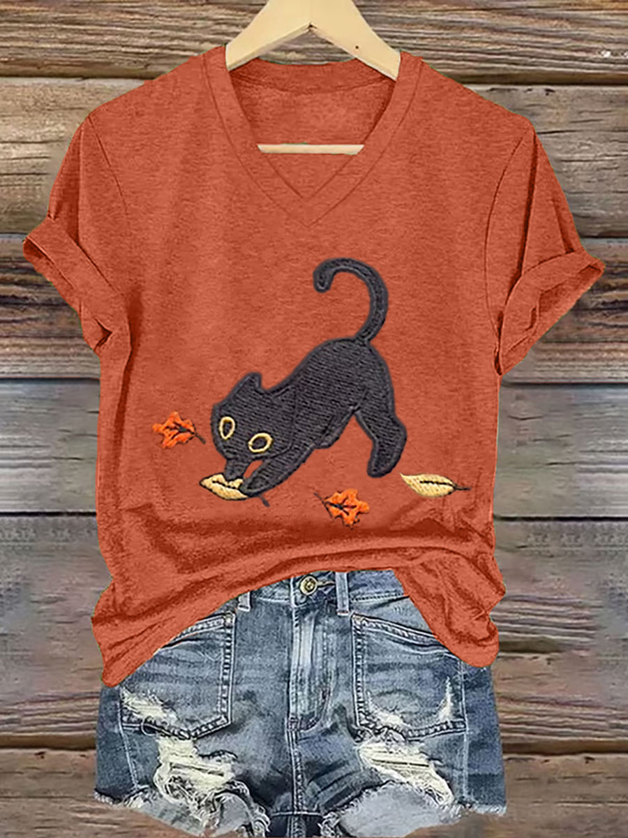 Women's Cozy Fall  Cute Black Cat Short Sleeve T-Shirt
