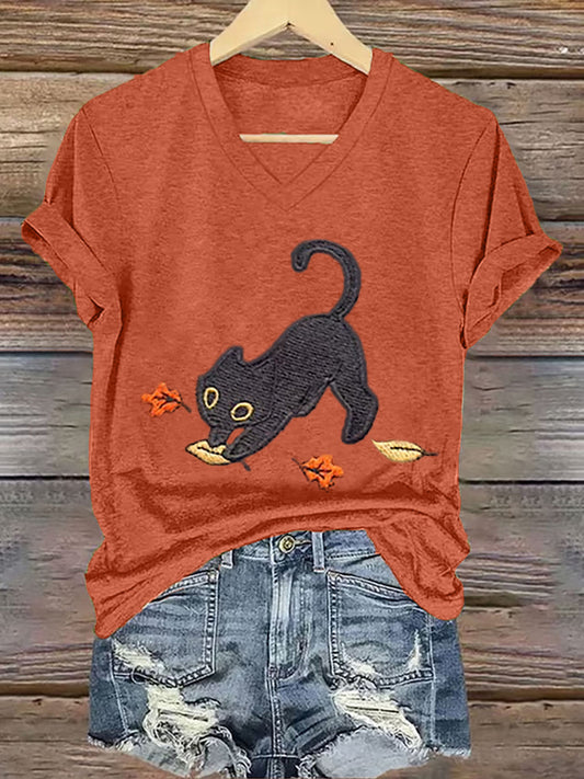 Women's Cozy Fall  Cute Black Cat Short Sleeve T-Shirt