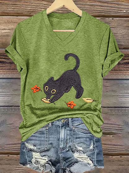 Women's Cozy Fall  Cute Black Cat Short Sleeve T-Shirt