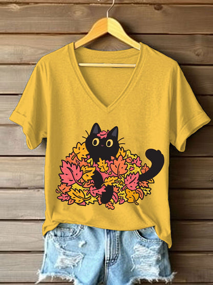 Women's Autumn Leaves Black Cat Short Sleeve T-Shirt