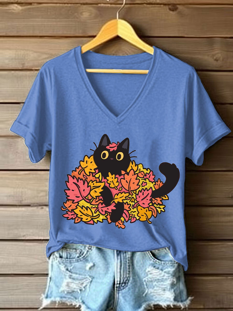 Women's Autumn Leaves Black Cat Short Sleeve T-Shirt