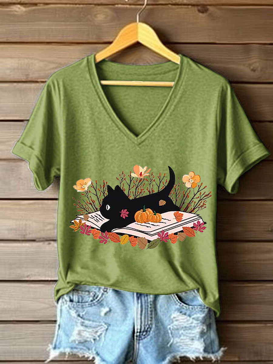Women's Fall Cat Book Pumpkin Maple Leaves Short Sleeve T-Shirt