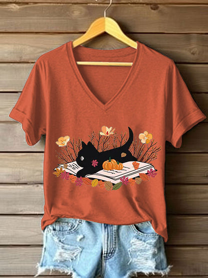 Women's Fall Cat Book Pumpkin Maple Leaves Short Sleeve T-Shirt