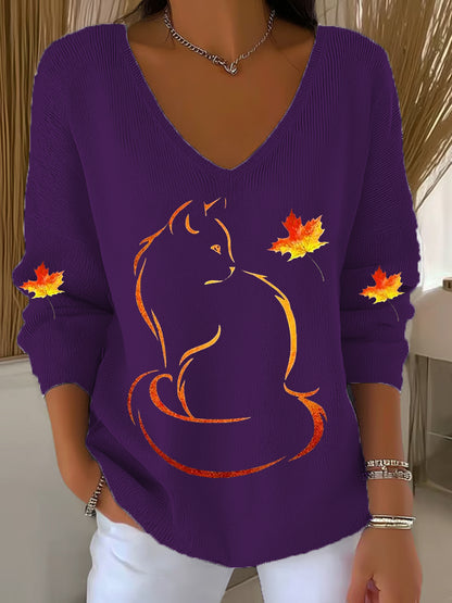 Women's It’s Fall Y’all Cute Cat Printed V-Neck  Casual Long Sleeve Shirt