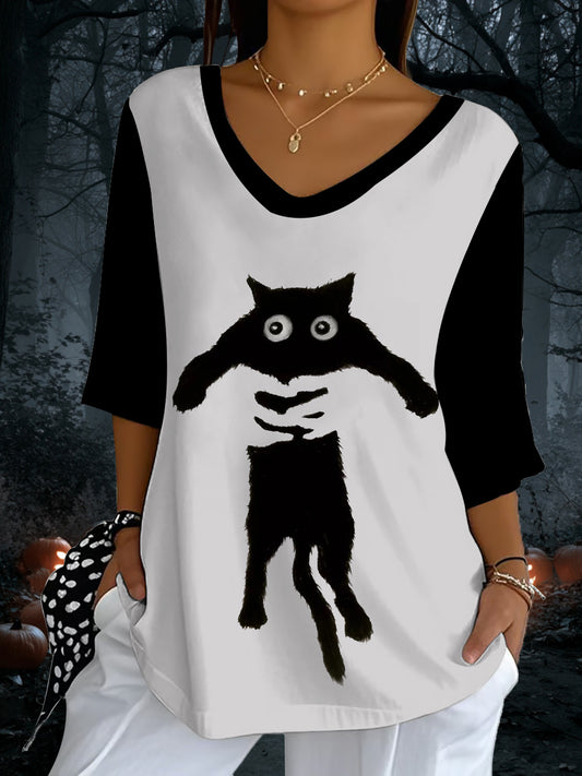 Women's Halloween Cat Print Top