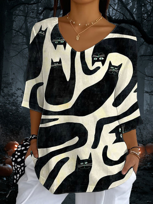 Women's Cat Print Casual Half Sleeve Top