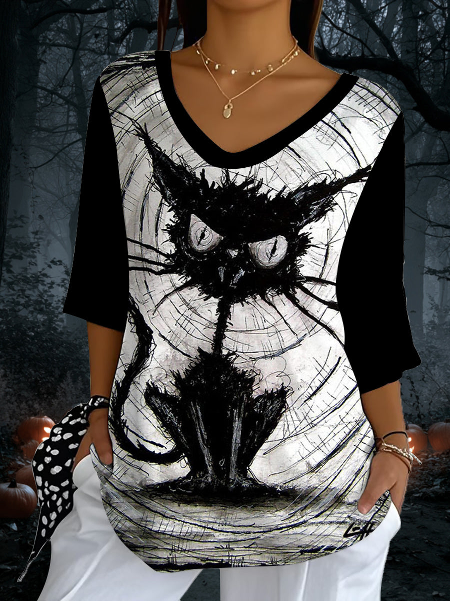 Women's Halloween Cat Print Top