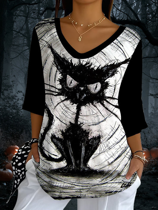 Women's Halloween Cat Print Top