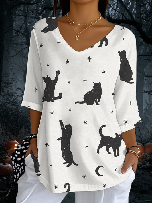 Women's Cat Print Casual Half Sleeve Top