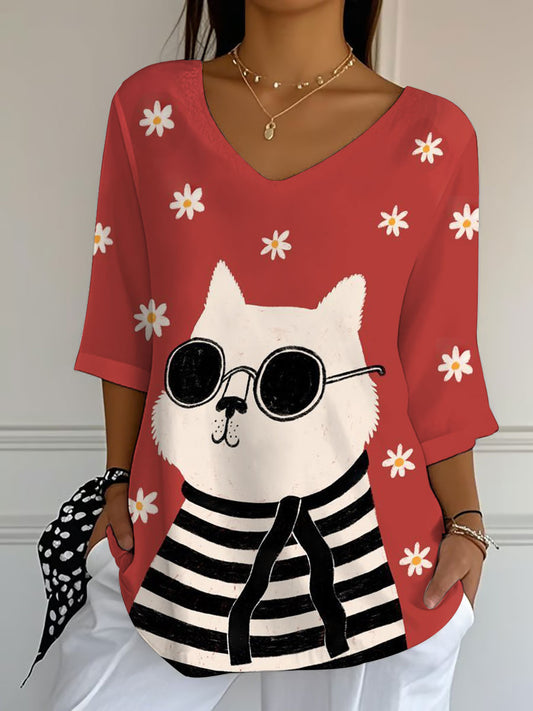Women's Cat Print Casual Half Sleeve Top