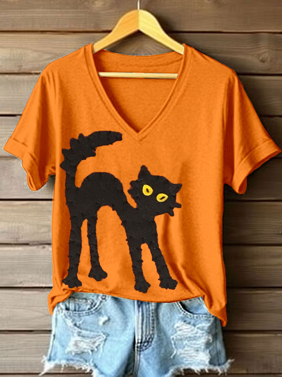 Women's Black Cat Patchwork Art V-Neck T-Shirt