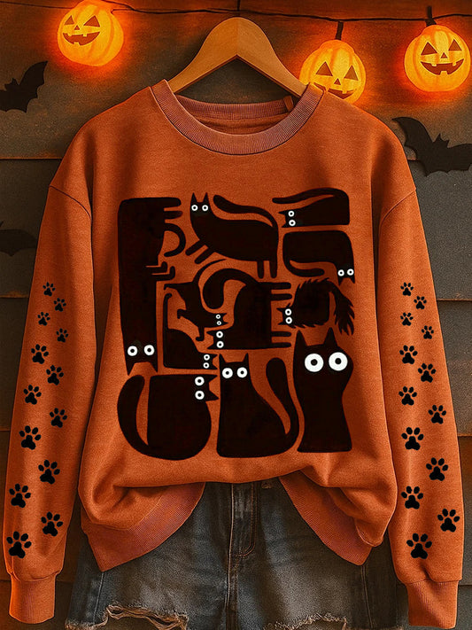 Women's Halloween Cat Print Sweatshirt