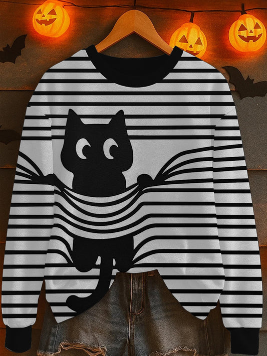 Women's Halloween Cat Print Sweatshirt