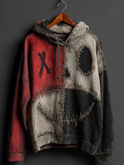 Men’s Halloween Pumpkin Face Colorblock Patchwork Hoodie Red / S