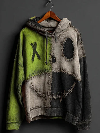 Men's Halloween Pumpkin Face Colorblock Patchwork Hoodie