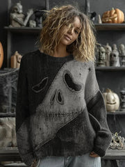 Women’s Halloween Spooky Face Stitched Print Sweater Dark Grey / S