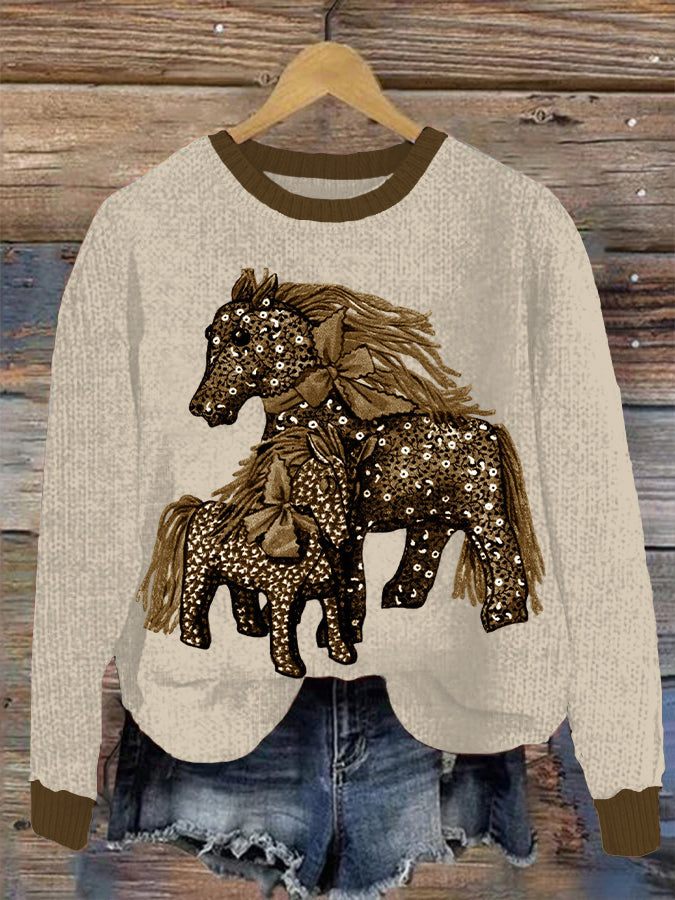 Women's Vintage Horse Print Textured Sweatshirts