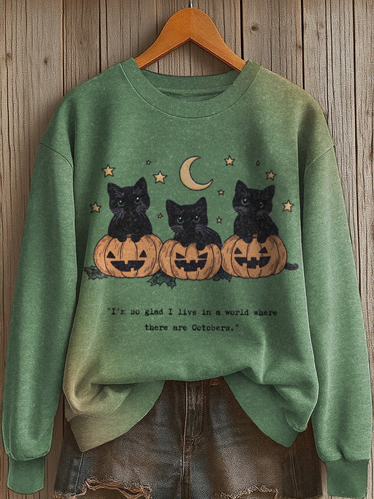 Women's Halloween Black Cat Print Washed Sweatshirt