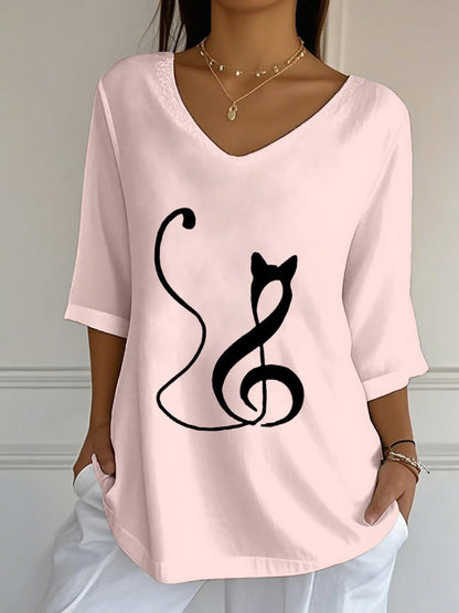 Women's Music Note Inspired Cat Print V-Neck T-Shirt