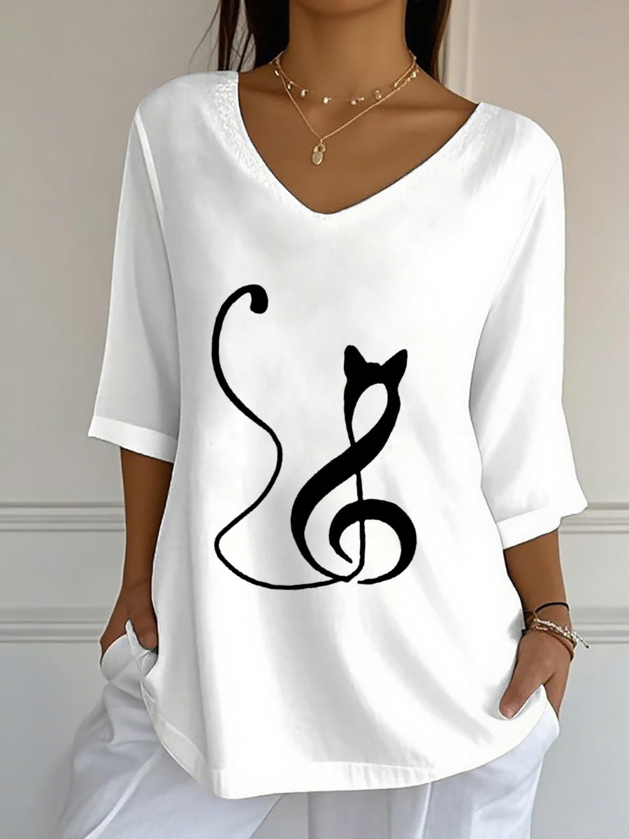 Women's Music Note Inspired Cat Print V-Neck T-Shirt
