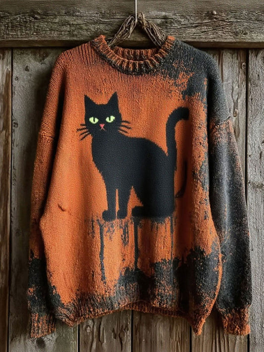Women's Halloween Black Cat Knitted Sweater