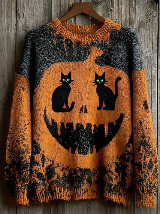 Women's Halloween Pumpkin Black Cat Knitted Sweater