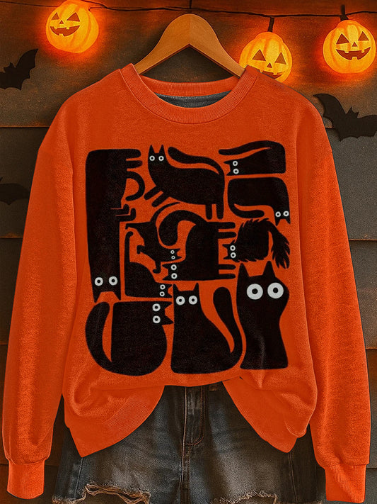 Women's Halloween Cat Print Sweatshirt
