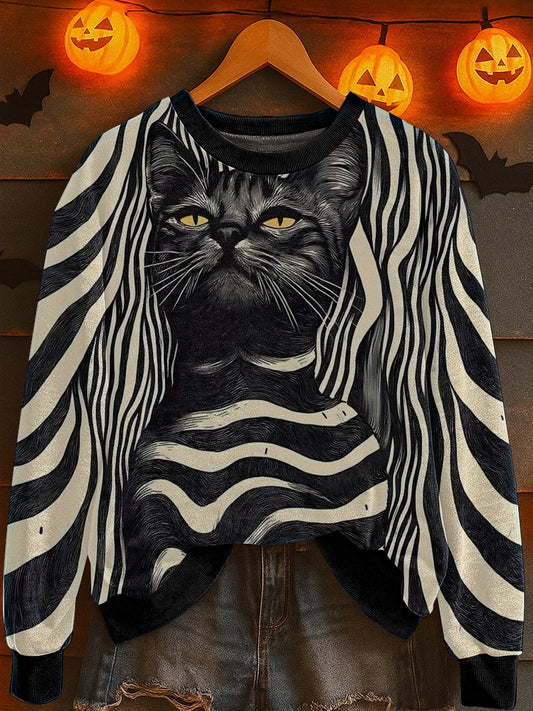 Women's Halloween Cat Print Sweatshirt