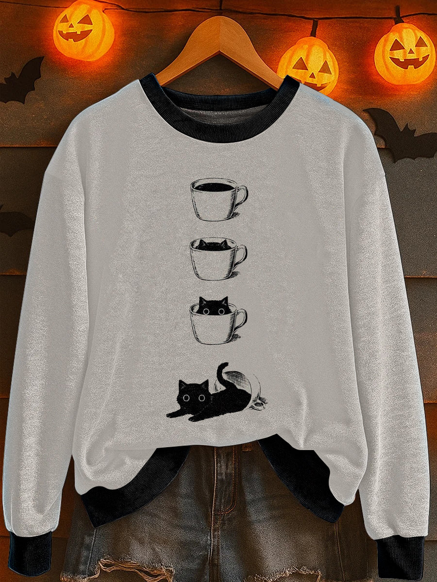 Women's Halloween Cat Print Sweatshirt