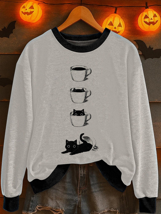 Women's Halloween Cat Print Sweatshirt