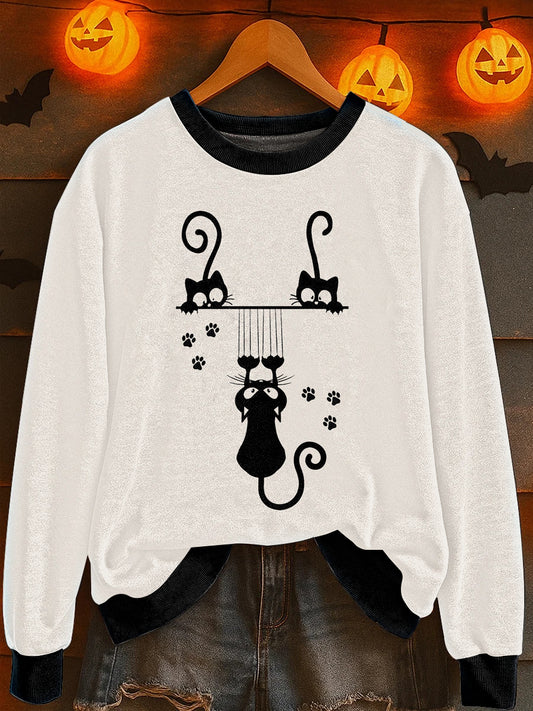 Women's Halloween Cat Print Sweatshirt