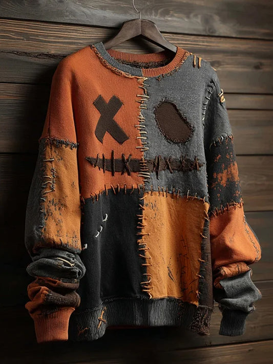 Men's Vintage Halloween Spooky Face Colorblock Crew Neck Sweatshirt