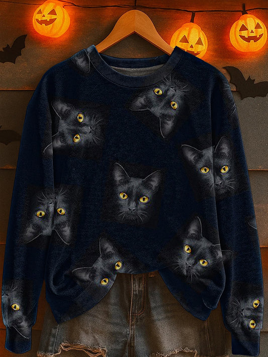 Women's Halloween Cat Print Sweatshirt