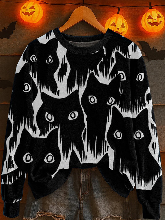 Women's Halloween Cat Print Sweatshirt
