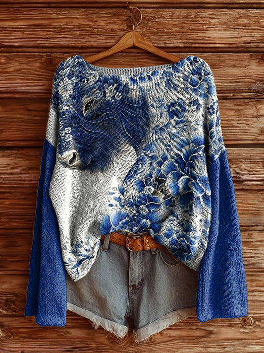 Women's Delft Blue Highland Cattle Printed Drop Shoulder Long Sleeve Antarctic Fleece Sweater