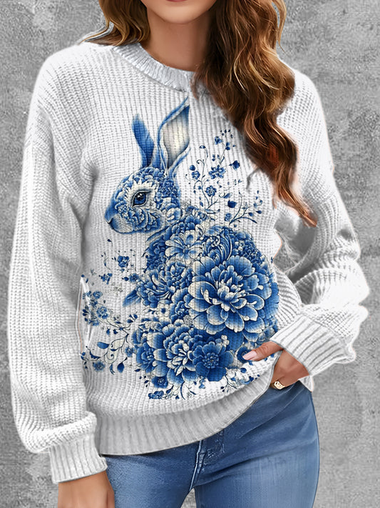 Womens' Delft Blue Rabbit Art Printed Round Neck Comfortable Sweater