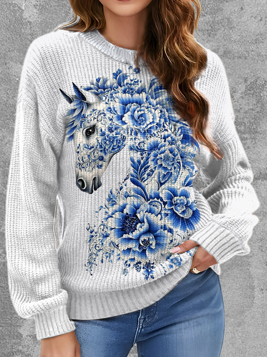Womens' Delft Blue Horse Art Printed Round Neck Comfortable Sweater