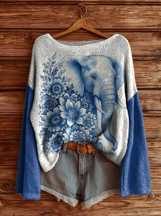 Women's Delft Blue Elephant Printed Drop Shoulder Long Sleeve Antarctic Fleece Sweater