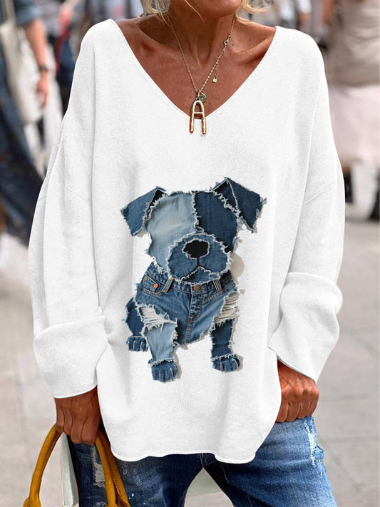 Women's Retro V-Neck Animal Print Casual Long Sleeve T-Shirt