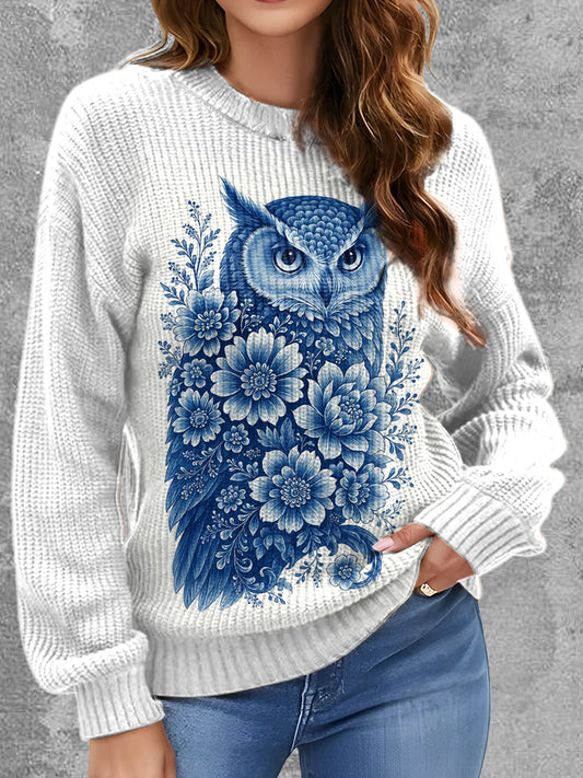 Womens' Delft Blue Owl Art Printed Round Neck Comfortable Sweater
