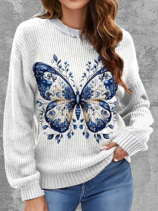 Womens' Delft Blue Butterfly Art Printed Round Neck Comfortable Sweater