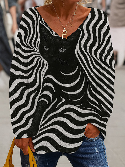 Women's Retro V-Neck Animal Print Casual Long Sleeve T-Shirt