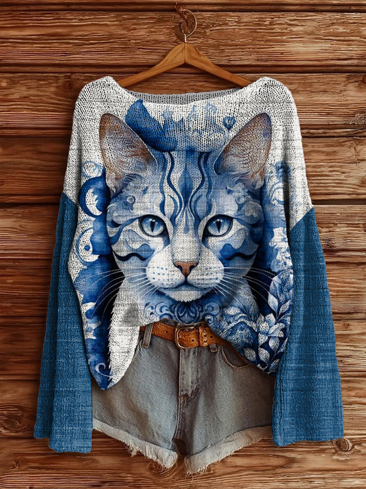 Women's Delft Blue Cat Printed Drop Shoulder Long Sleeve Antarctic Fleece Sweater