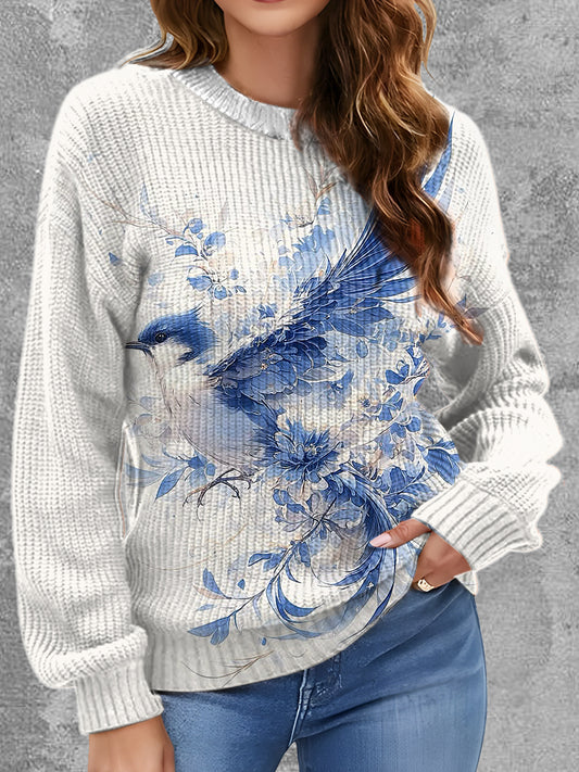 Womens' Delft Blue Bird Art Printed Round Neck Comfortable Sweater