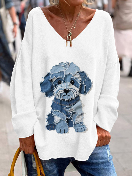 Women's Retro V-Neck Animal Print Casual Long Sleeve T-Shirt