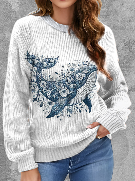 Womens' Delft Blue Dolphin Art Printed Round Neck Comfortable Sweater