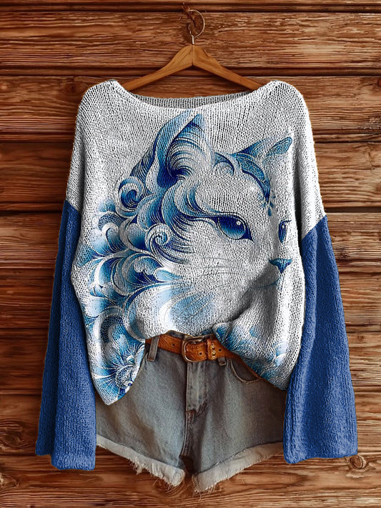 Women's Delft Blue Cat Printed Drop Shoulder Long Sleeve Antarctic Fleece Sweater
