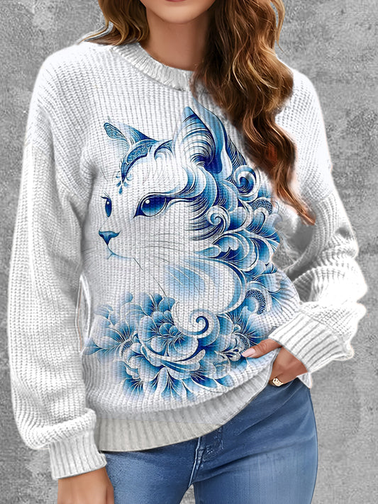 Womens' Delft Blue Cat Art Printed Round Neck Comfortable Sweater